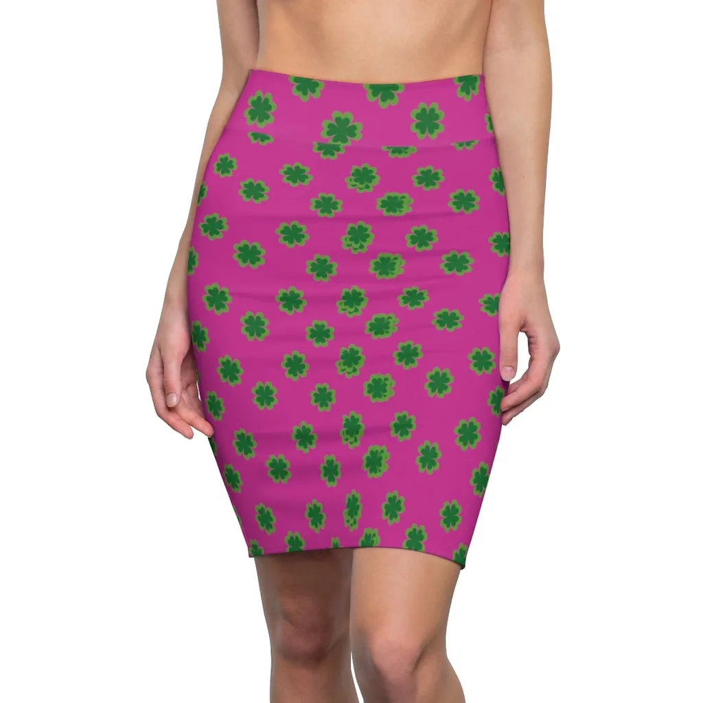 Hot Pink Clover Pencil Skirt, Pink And Green Clover Leaf Print St. Patrick's Day Women's Pencil Skirt- Made in USA