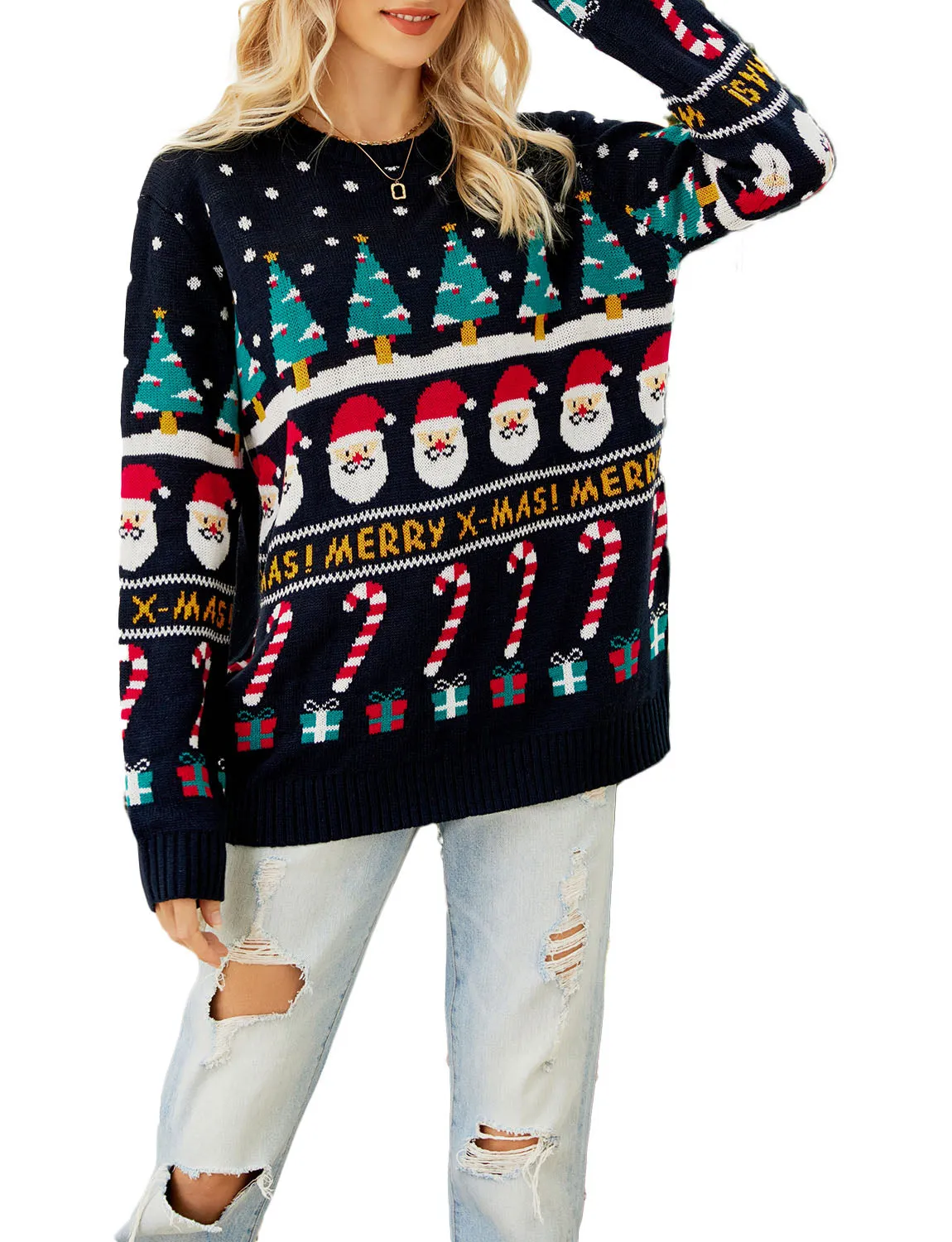 iB-iP Women's Cozy Christmas Top Santa Claus Long Sleeve Pullover Sweater