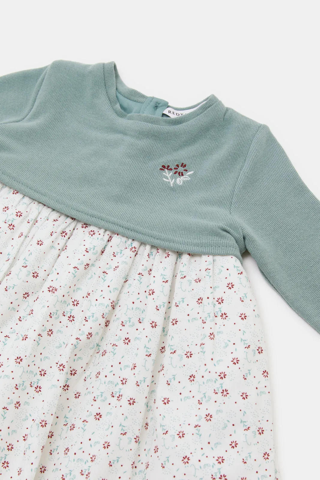 Infant Girls Teal And White Floral Print Sweater Dress