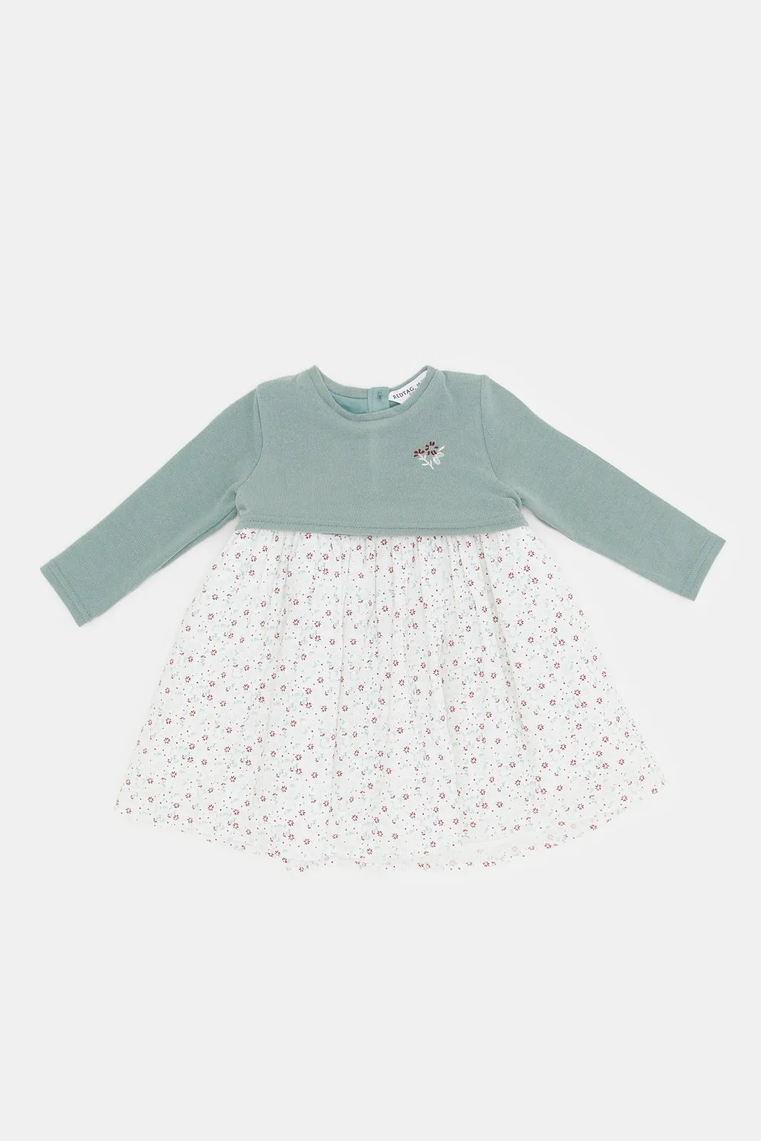 Infant Girls Teal And White Floral Print Sweater Dress