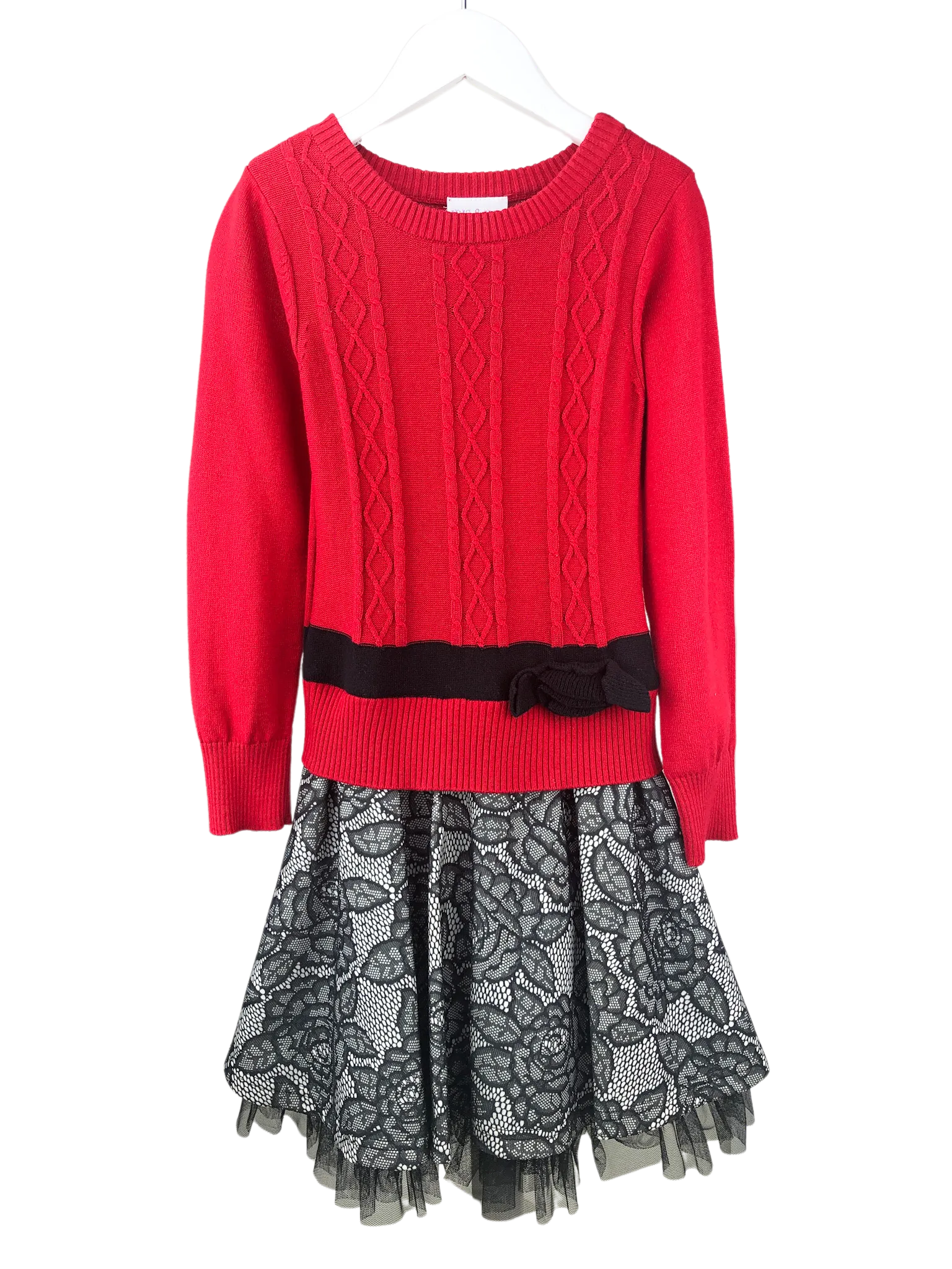 Iris & Ivy, Girls' Sweater/Lace Dress, Red/Black, Size 7