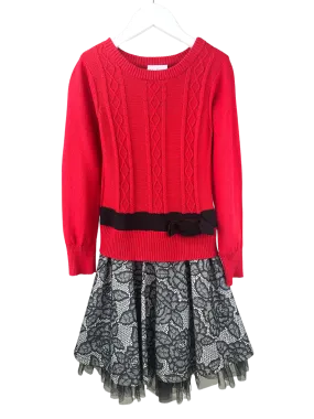 Iris & Ivy, Girls' Sweater/Lace Dress, Red/Black, Size 7