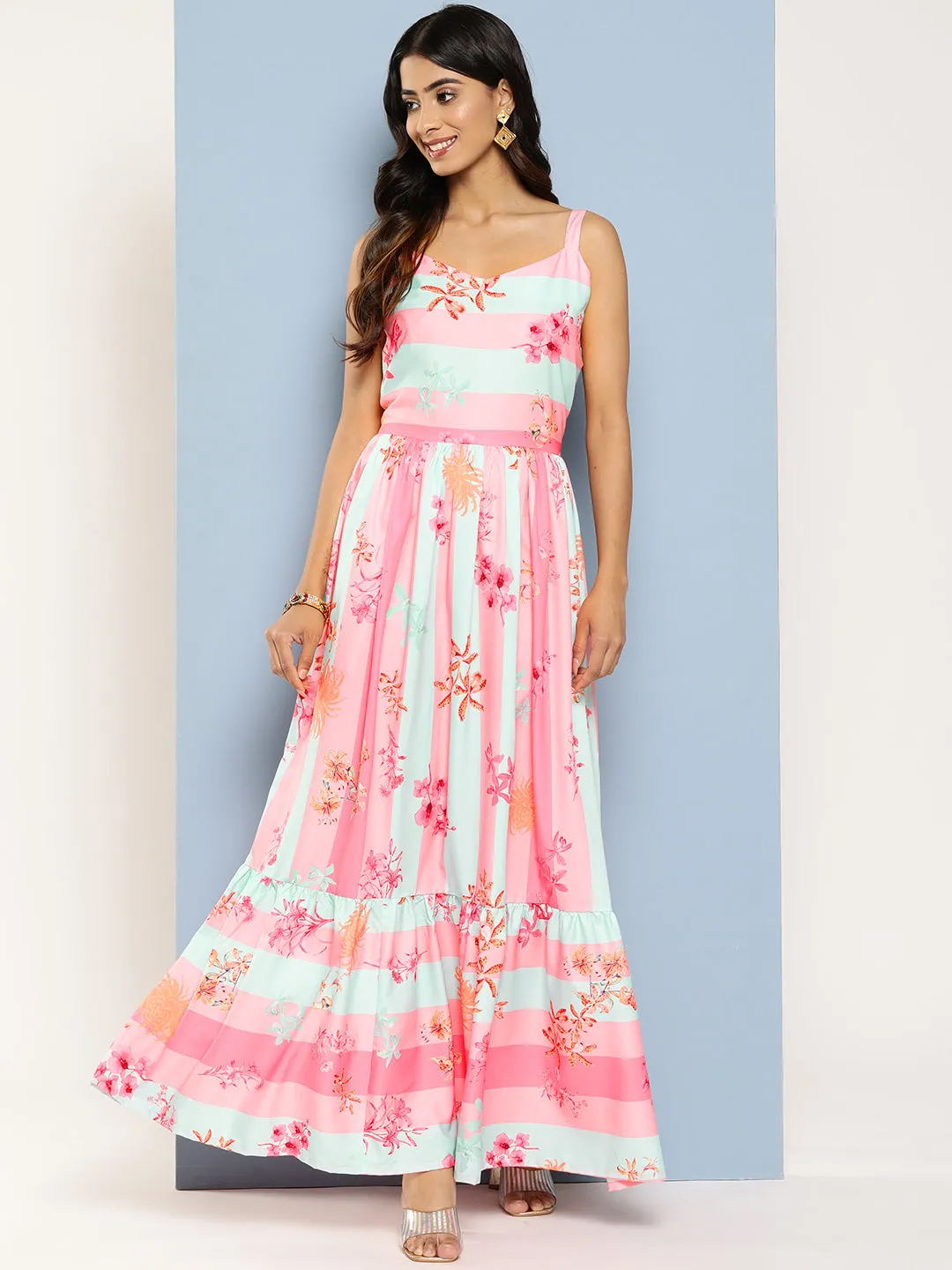 Jashvi Striped Floral Print Crepe Maxi Ethnic Dress