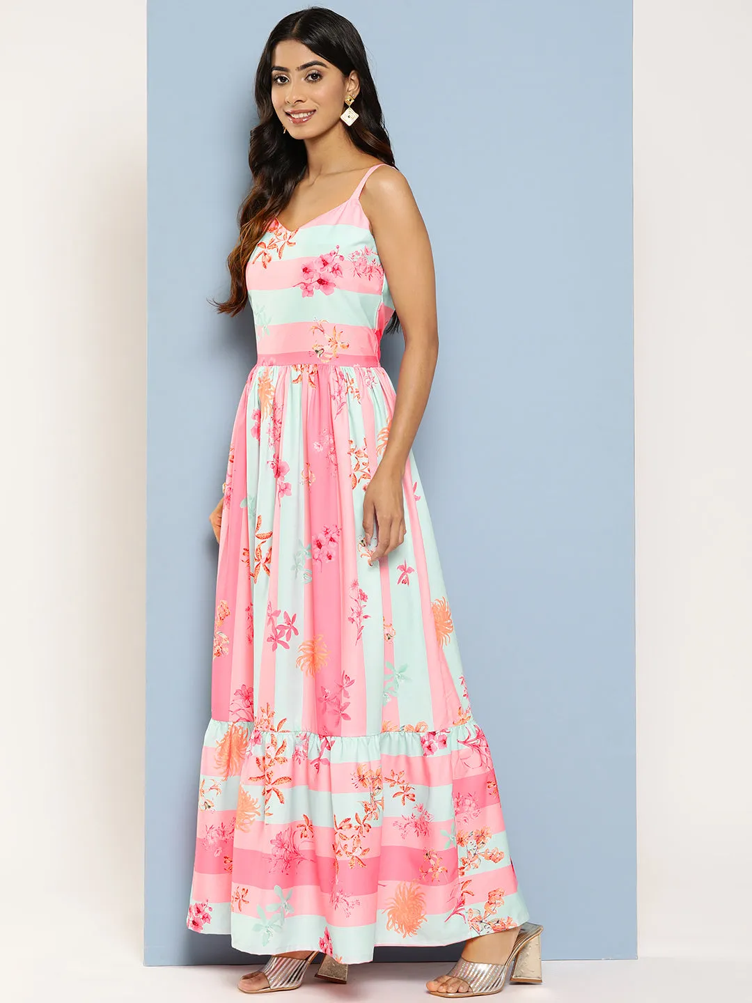 Jashvi Striped Floral Print Crepe Maxi Ethnic Dress