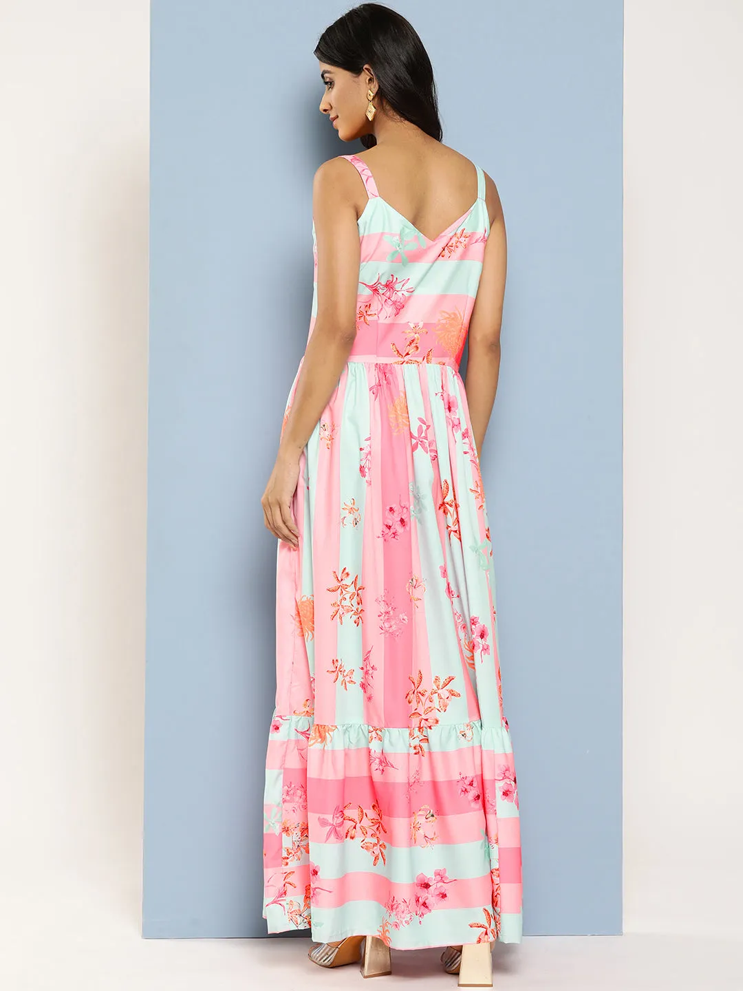 Jashvi Striped Floral Print Crepe Maxi Ethnic Dress