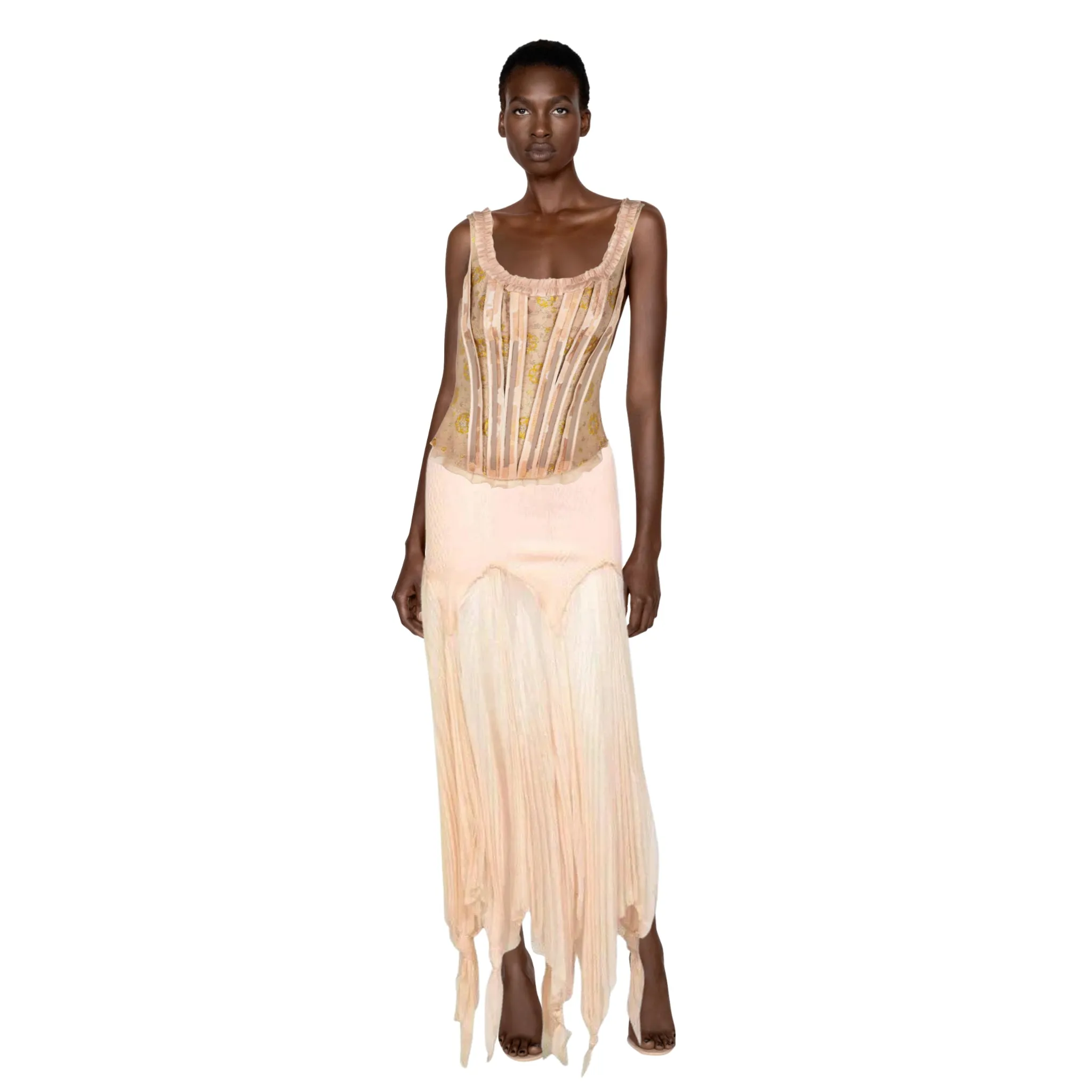 Jean Paul Gaultier Blush Crinkle Silk Chiffon Rib Knit Yoke Skirt | S