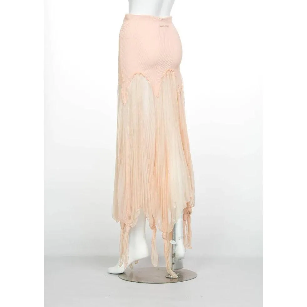 Jean Paul Gaultier Blush Crinkle Silk Chiffon Rib Knit Yoke Skirt | S