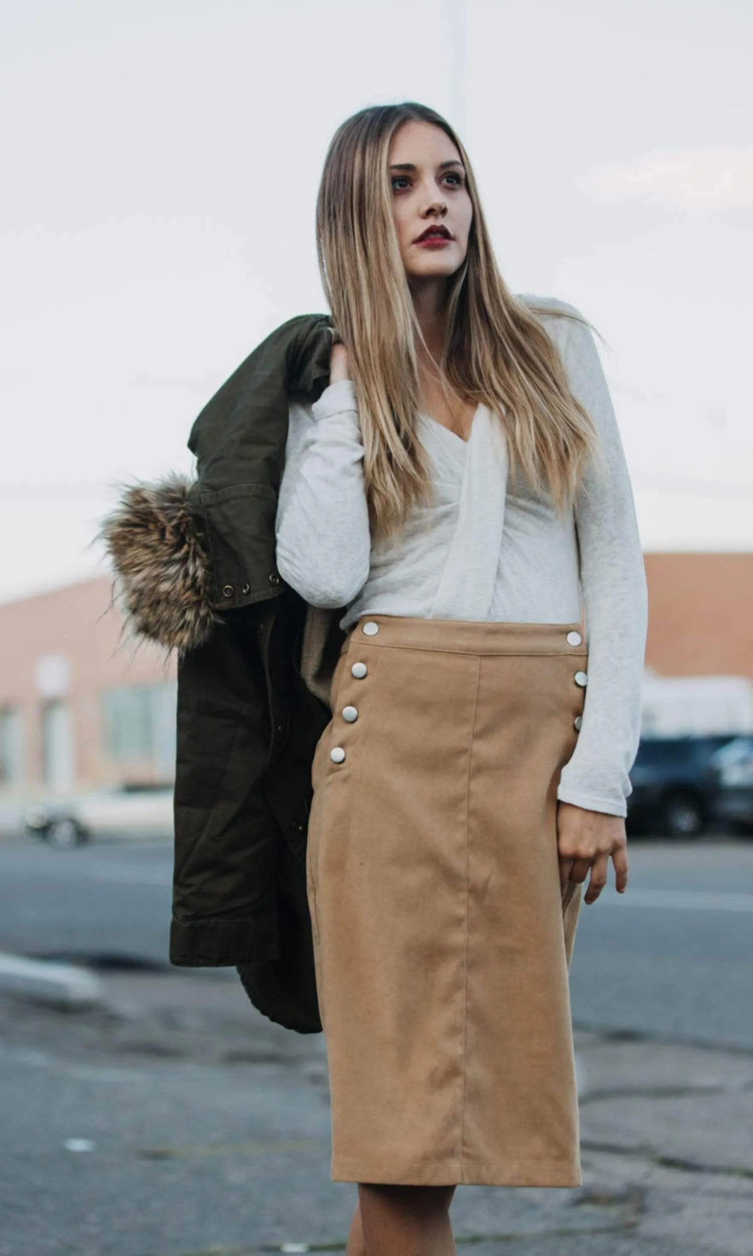 J.O.A. Faux Suede Skirt with Buttons