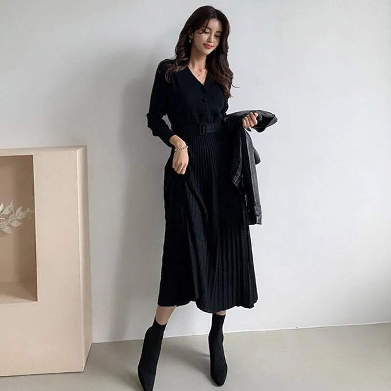 Joskaa Christmas Gift One Piece Dress 2020 Autumn New V-Neck Single-Breasted Sweater Dress Winter Elegant A-Line Knitted Sweater  Dresses Slim Vestido