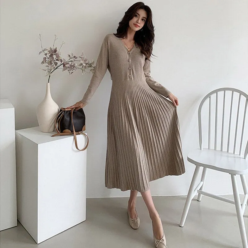 Joskaa Christmas Gift One Piece Dress 2020 Autumn New V-Neck Single-Breasted Sweater Dress Winter Elegant A-Line Knitted Sweater  Dresses Slim Vestido