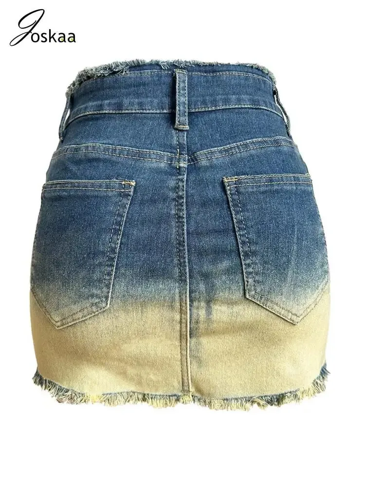 Joskaa Vintage Gradient Zipper Stretch Denim Skirt Women Hipster High Waisted Slim A-Line Mini Skirts 2024 Summer Streetwear