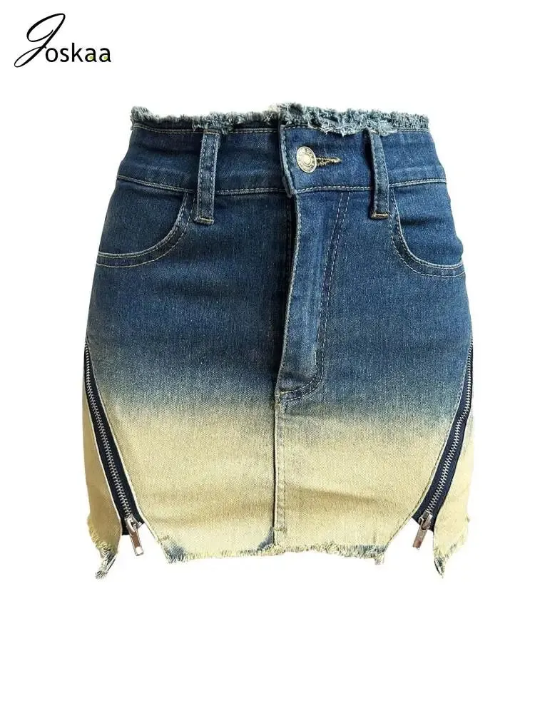 Joskaa Vintage Gradient Zipper Stretch Denim Skirt Women Hipster High Waisted Slim A-Line Mini Skirts 2024 Summer Streetwear