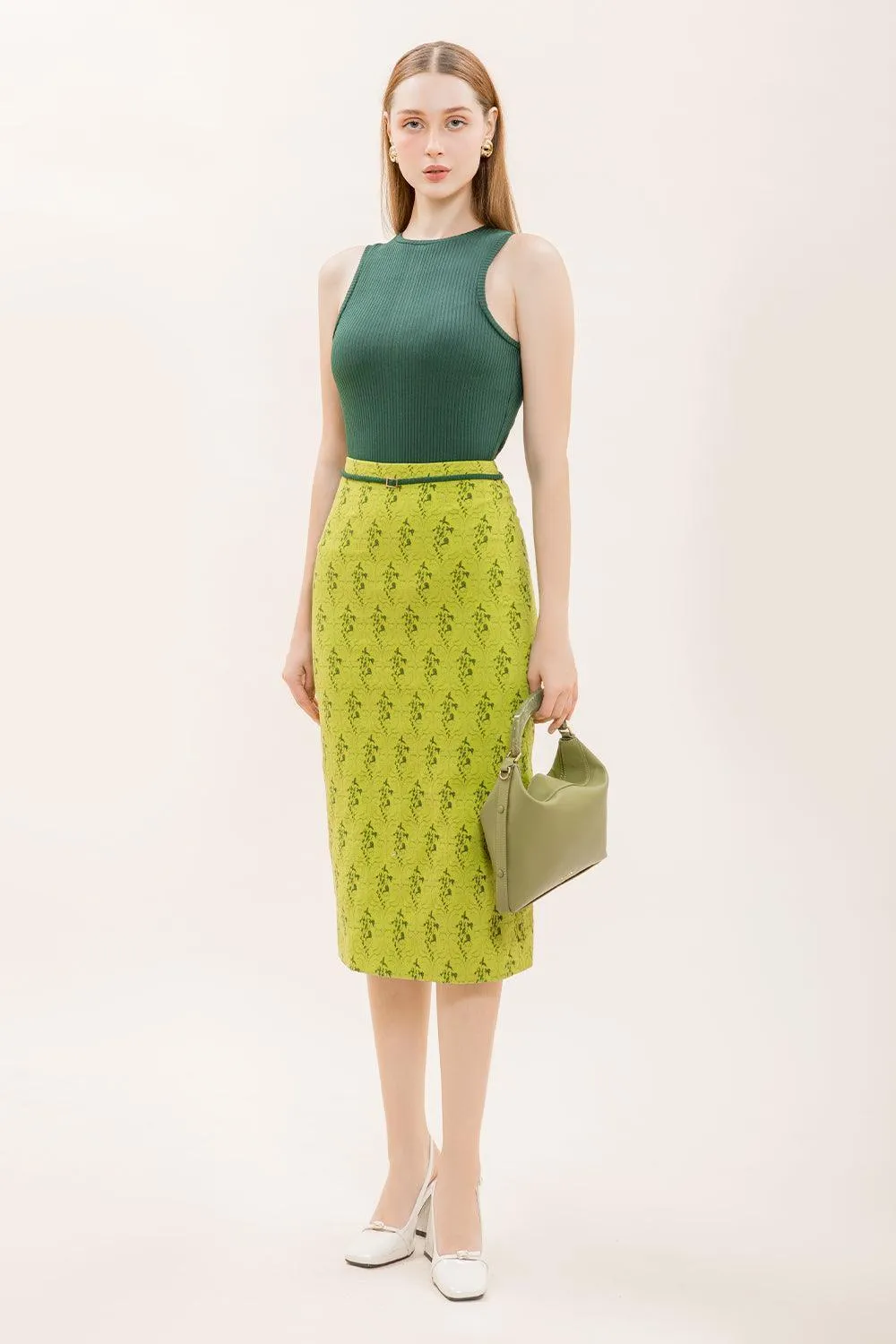 Juniper Pencil High Waist Brocade Midi Skirt