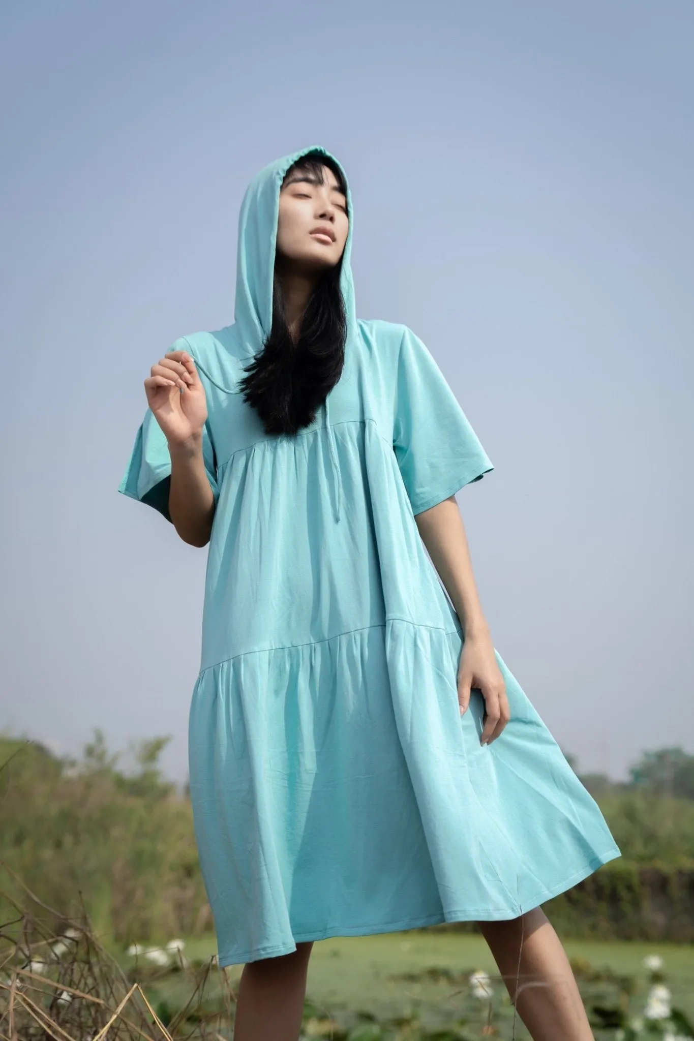 Katir- Hoodie Dress With Slit Bell Sleeves - Aqua Blue