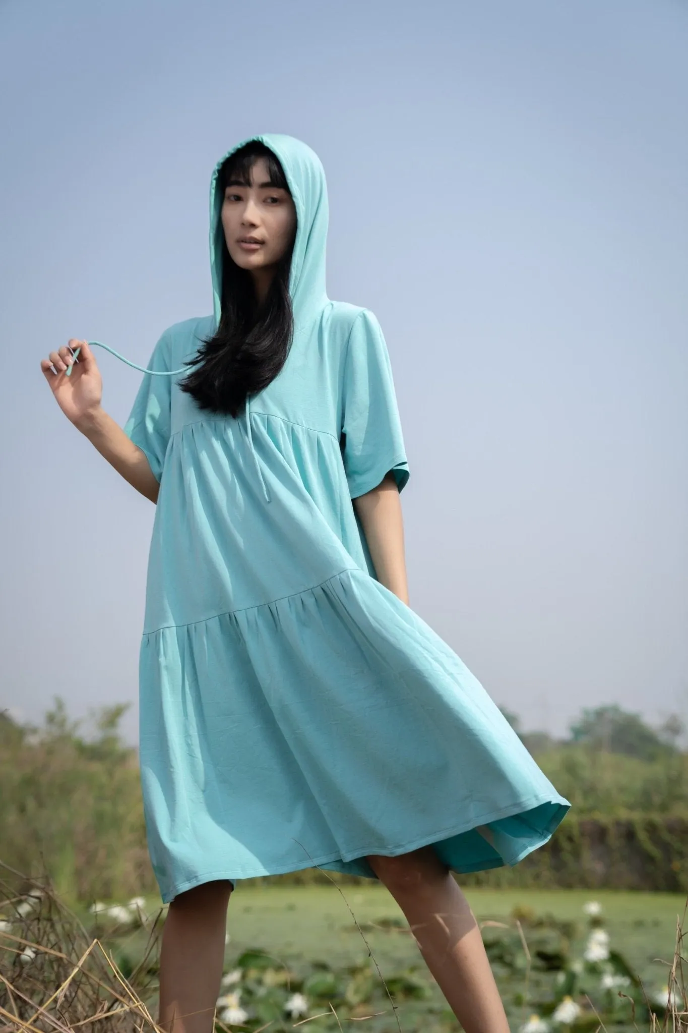 Katir- Hoodie Dress With Slit Bell Sleeves - Aqua Blue