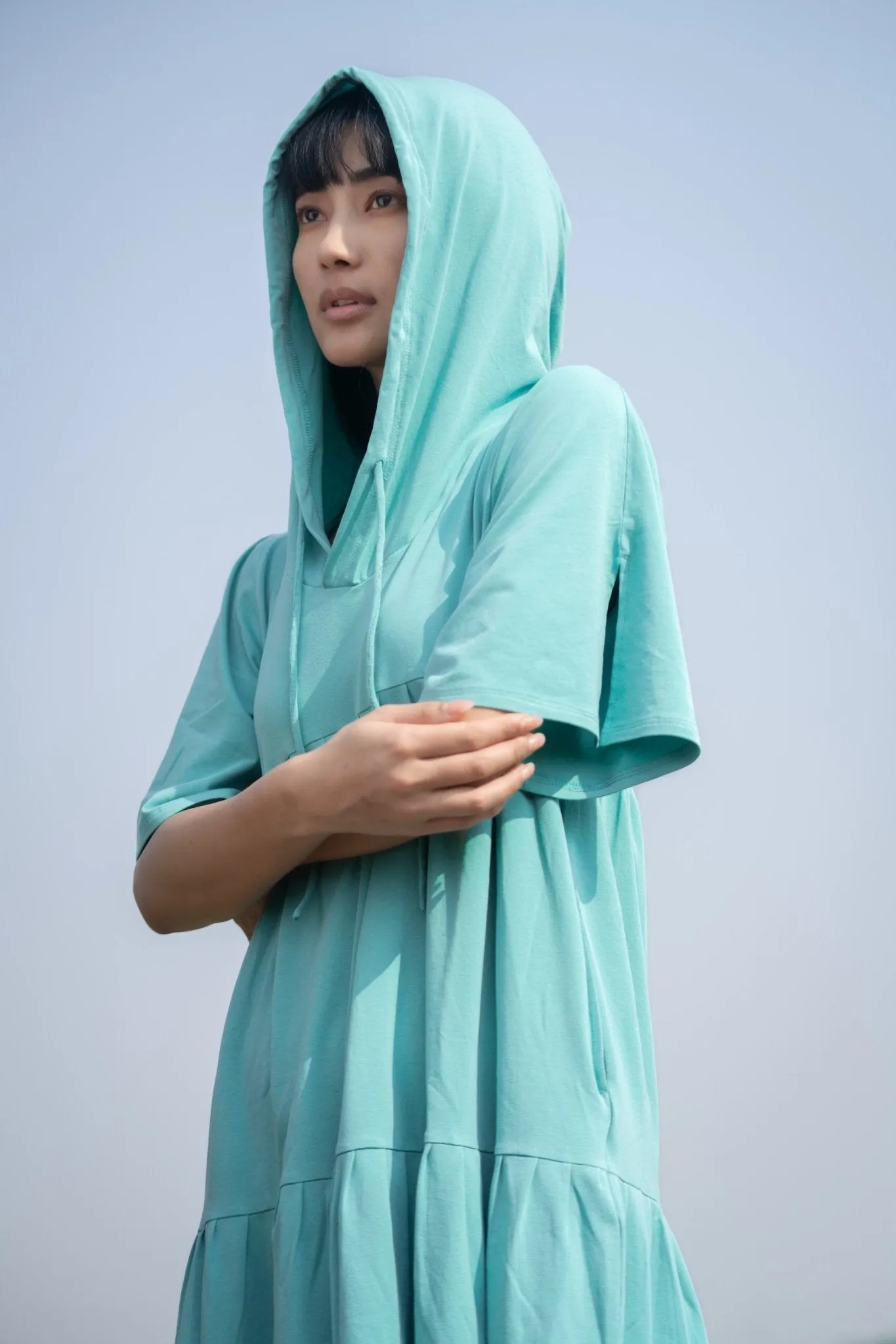 Katir- Hoodie Dress With Slit Bell Sleeves - Aqua Blue