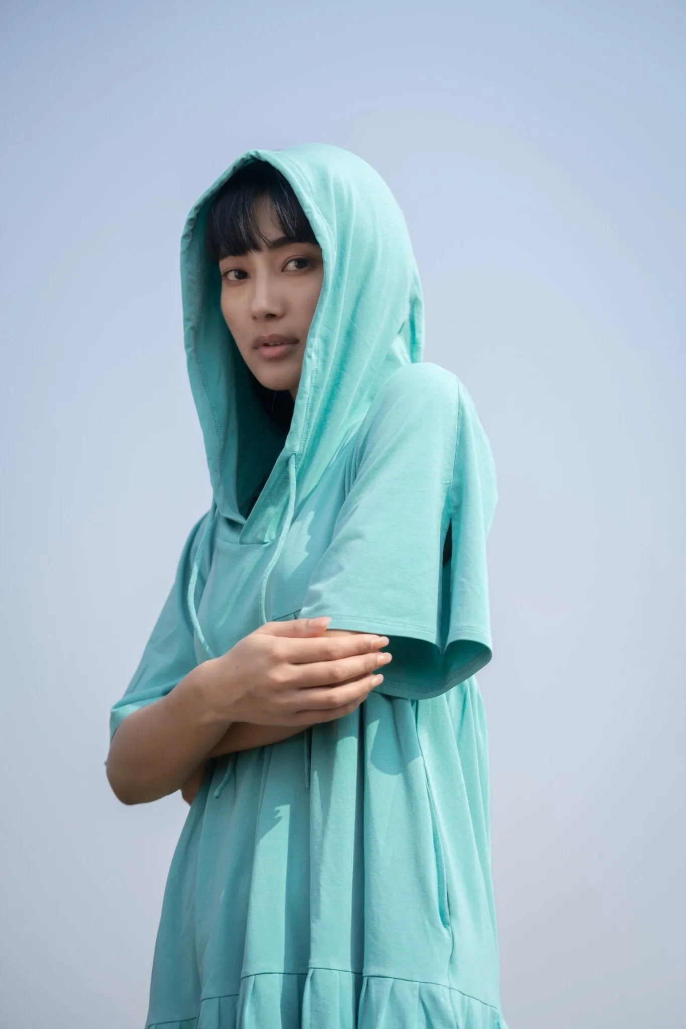 Katir- Hoodie Dress With Slit Bell Sleeves - Aqua Blue