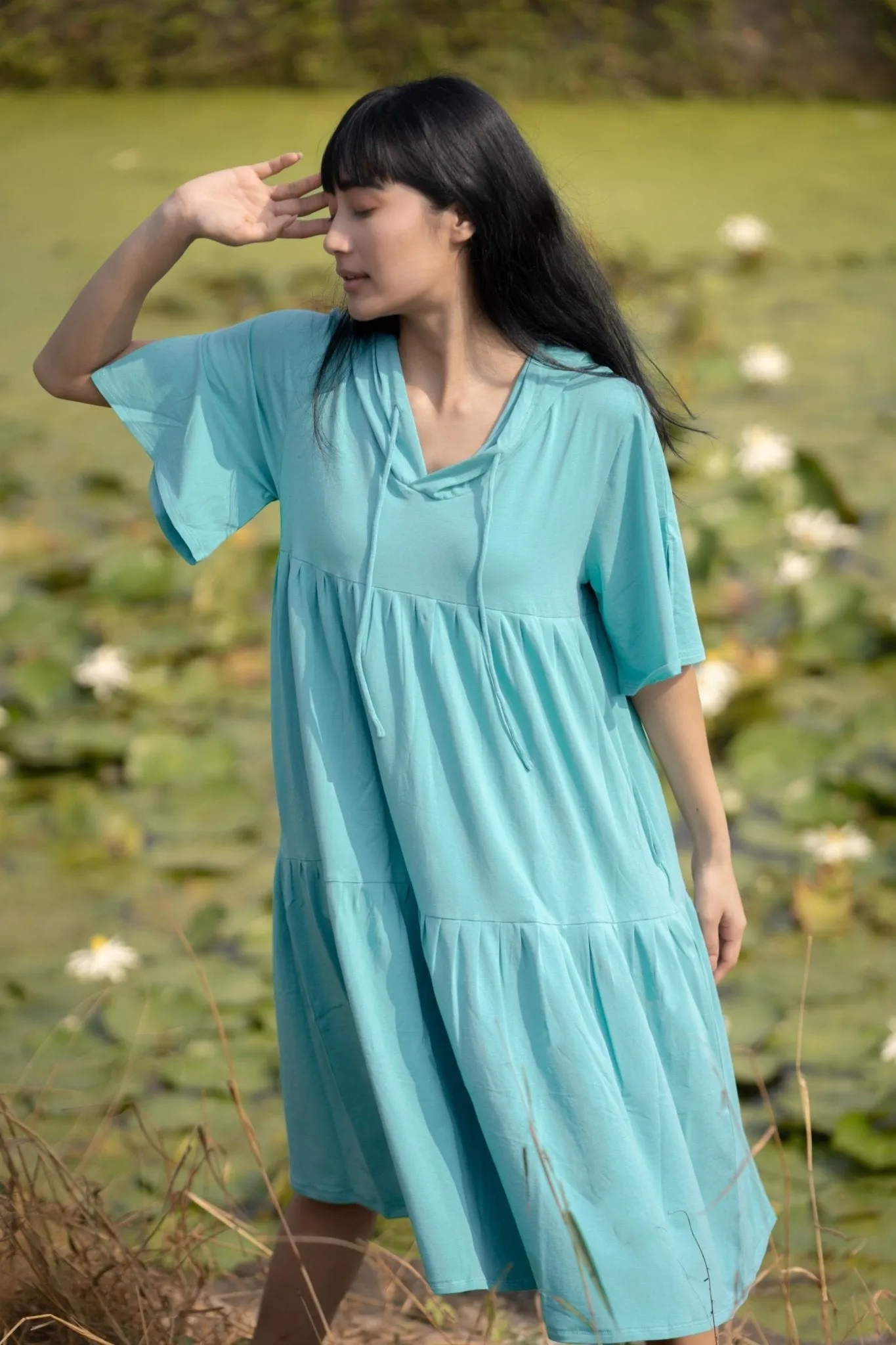 Katir- Hoodie Dress With Slit Bell Sleeves - Aqua Blue