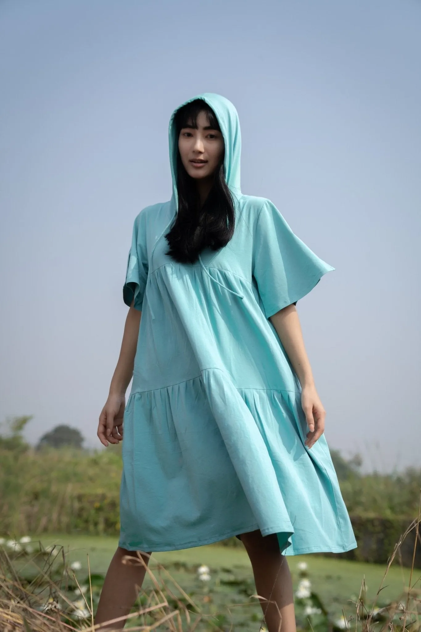 Katir- Hoodie Dress With Slit Bell Sleeves - Aqua Blue