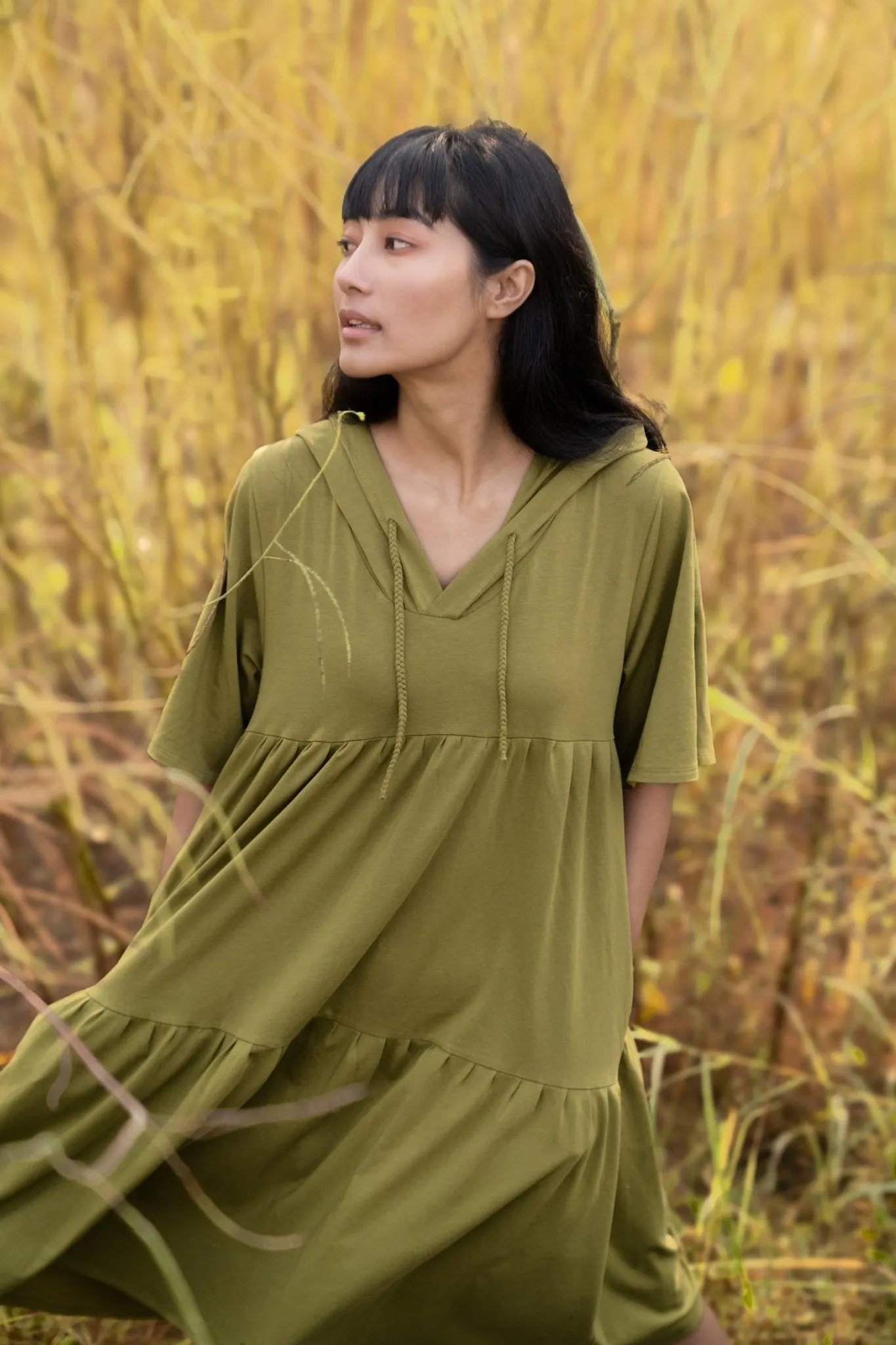 Katir- Hoodie Dress With Slit Bell Sleeves - Avacado Green