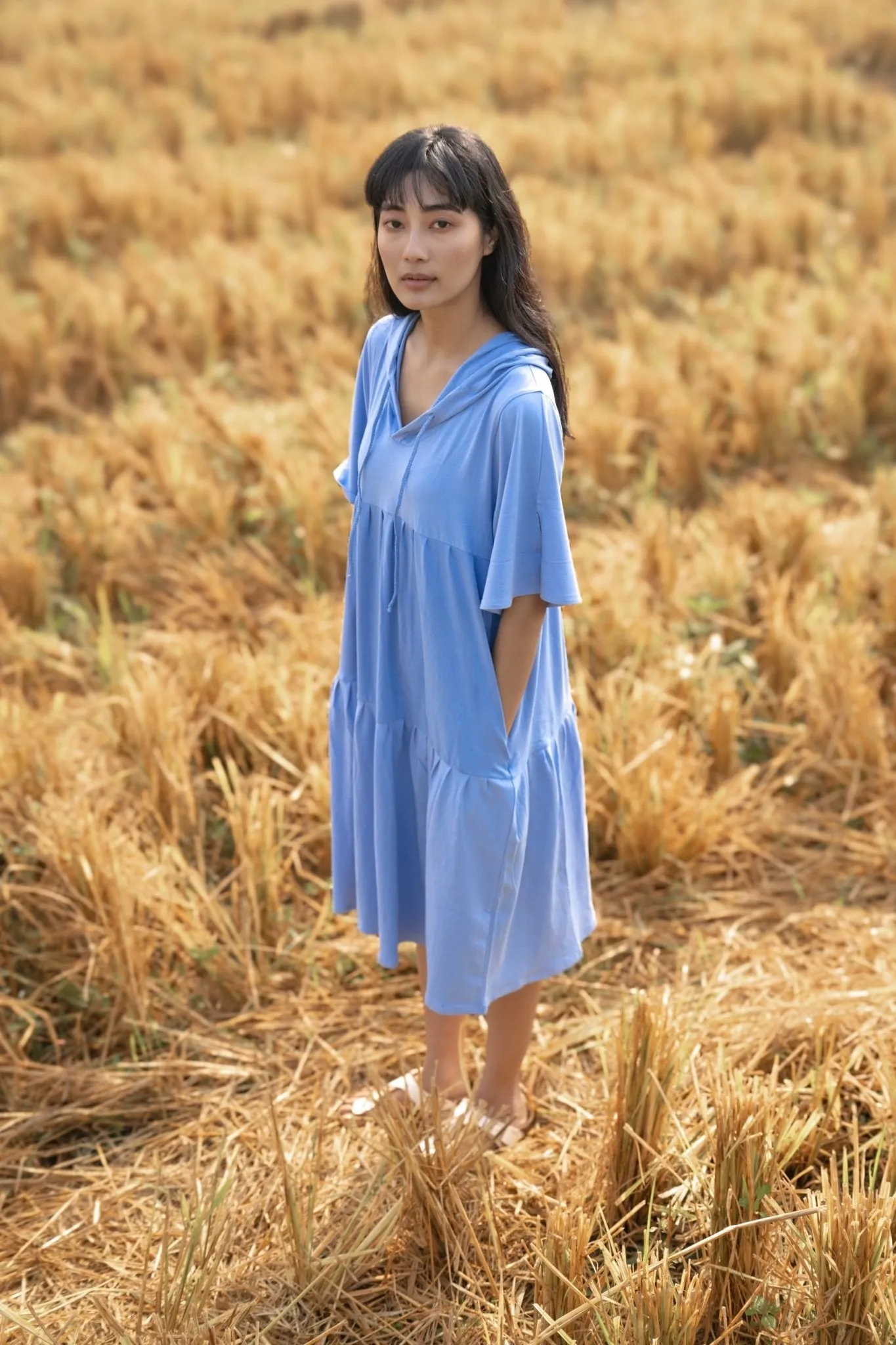 Katir- Hoodie Dress With Slit Bell Sleeves - Vista Blue