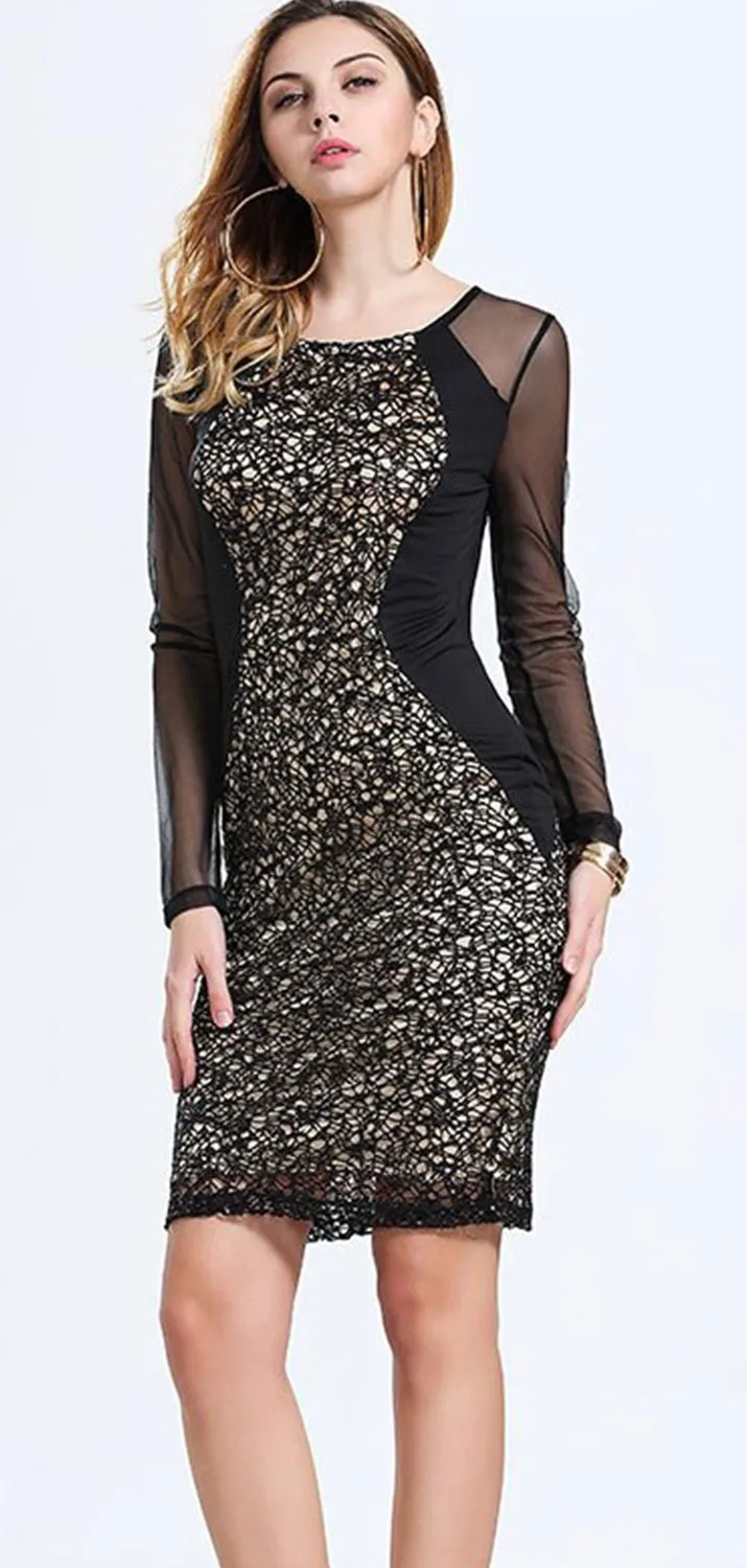 KettyMore Women Round Neck Transparent Sleeve Decorated Sheath Dress-KMWD326