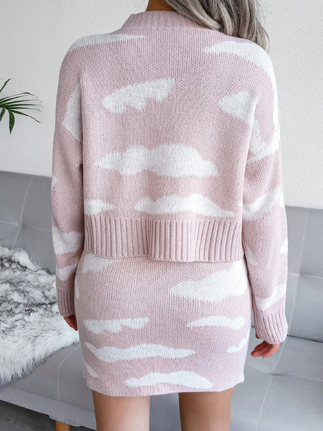 KittenAlarm - Clouds Pattern Drop Shoulder Sweater & Skirt