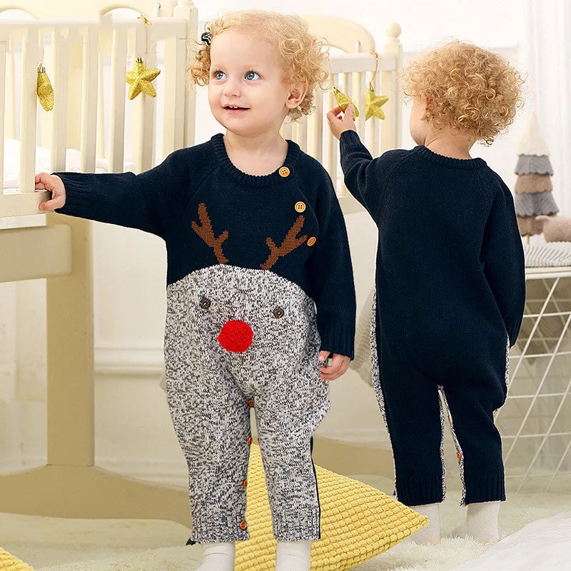 Knitted Cartoon Deer Romper – Boys & Girls Christmas Sweater