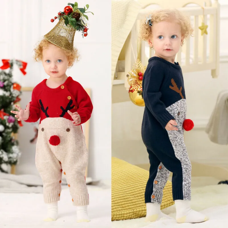 Knitted Cartoon Deer Romper – Boys & Girls Christmas Sweater