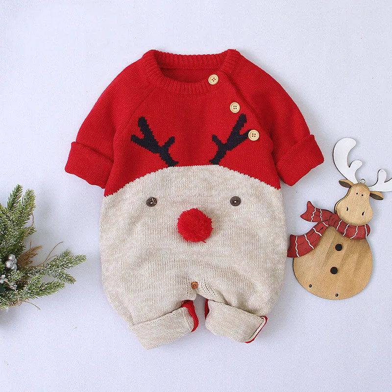 Knitted Cartoon Deer Romper – Boys & Girls Christmas Sweater