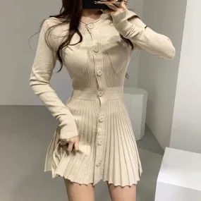 Knitted Pleated Mini Dress Women Vintage Black Sweater Dresses Winter Korean Elegant Long Sleeve Pink Bodycon Vestidos New