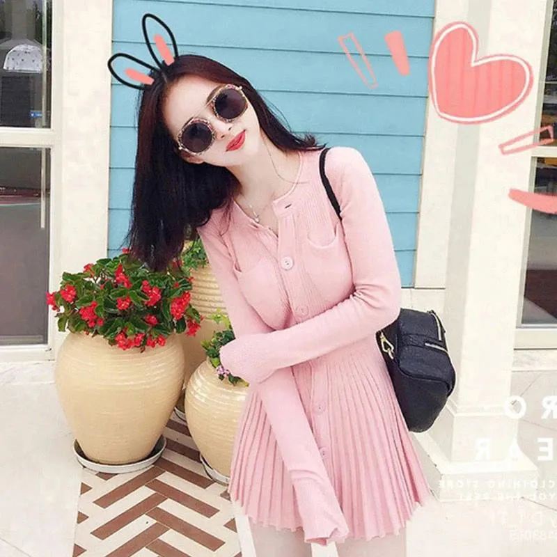 Knitted Pleated Mini Dress Women Vintage Black Sweater Dresses Winter Korean Elegant Long Sleeve Pink Bodycon Vestidos New