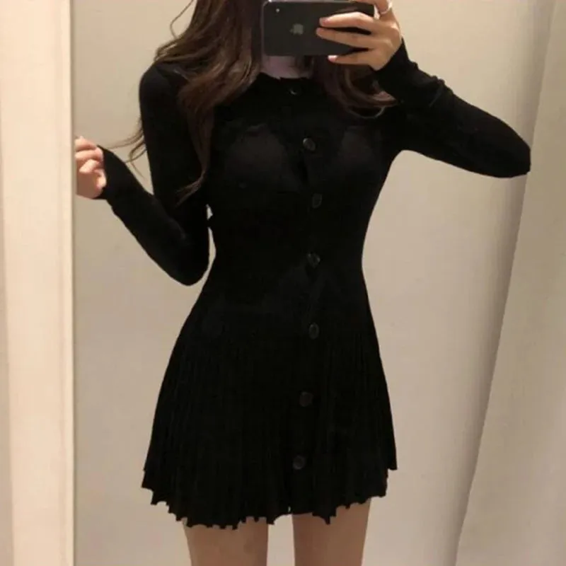 Knitted Pleated Mini Dress Women Vintage Black Sweater Dresses Winter Korean Elegant Long Sleeve Pink Bodycon Vestidos New