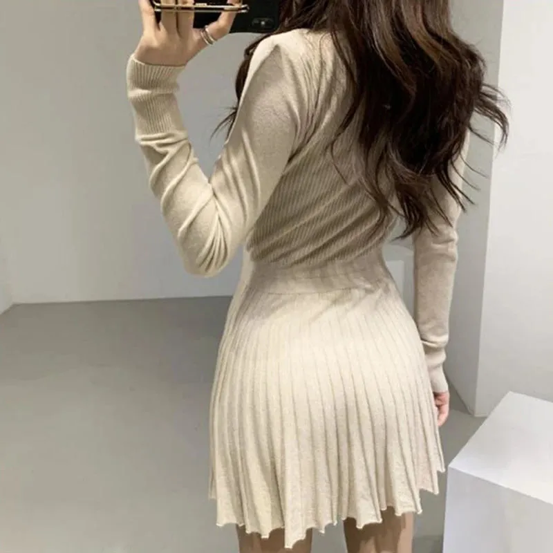 Knitted Pleated Mini Dress Women Vintage Black Sweater Dresses Winter Korean Elegant Long Sleeve Pink Bodycon Vestidos New