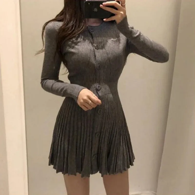 Knitted Pleated Mini Dress Women Vintage Black Sweater Dresses Winter Korean Elegant Long Sleeve Pink Bodycon Vestidos New