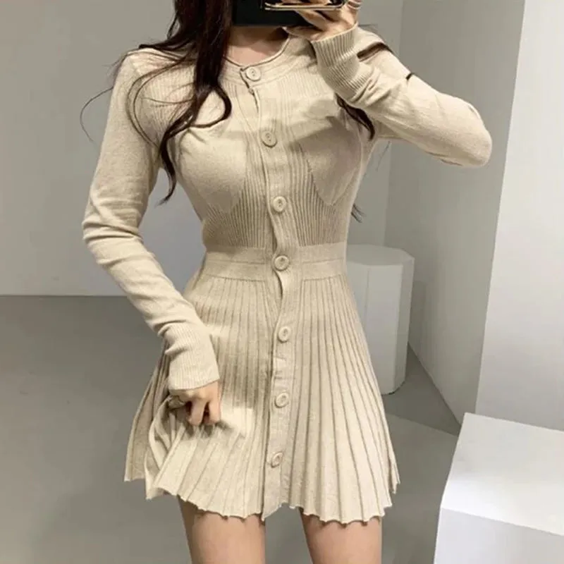 Knitted Pleated Mini Dress Women Vintage Black Sweater Dresses Winter Korean Elegant Long Sleeve Pink Bodycon Vestidos New