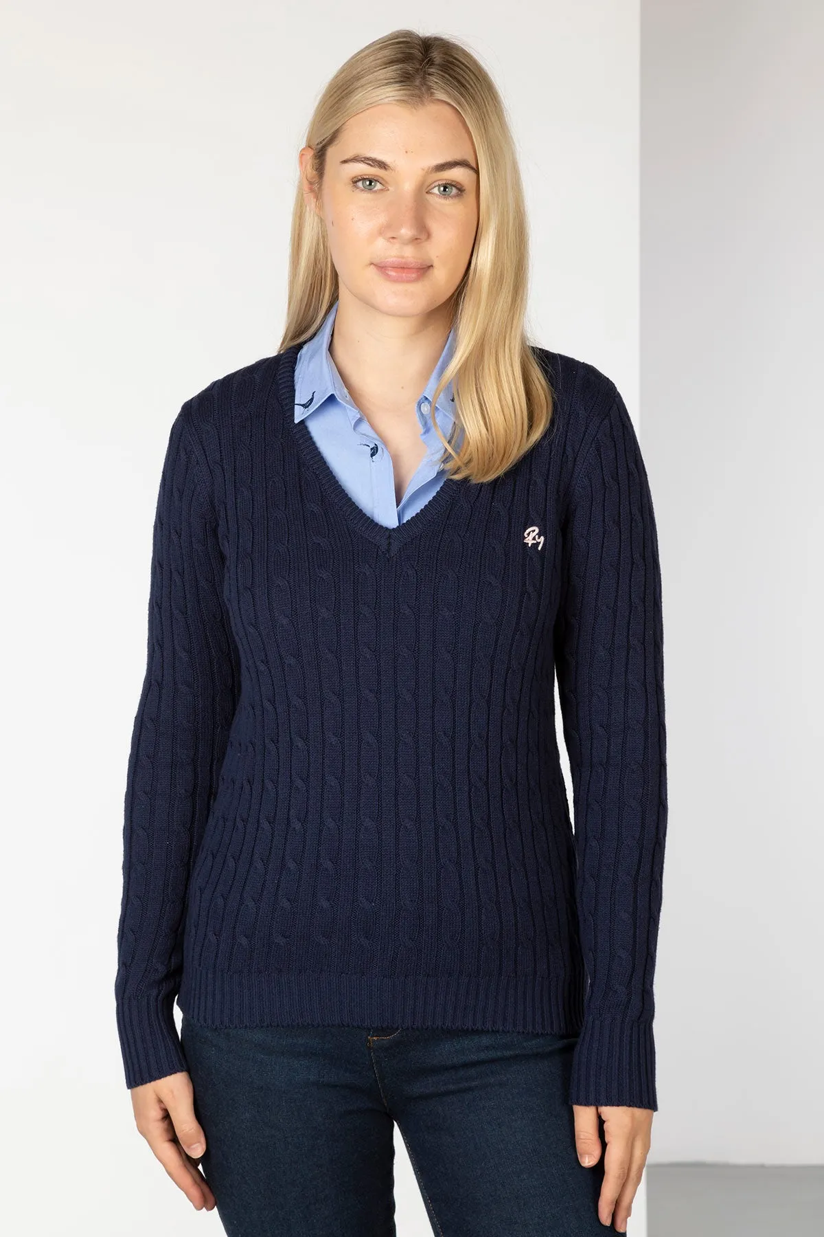 Ladies V Neck Cable Knit Jumper - Emma