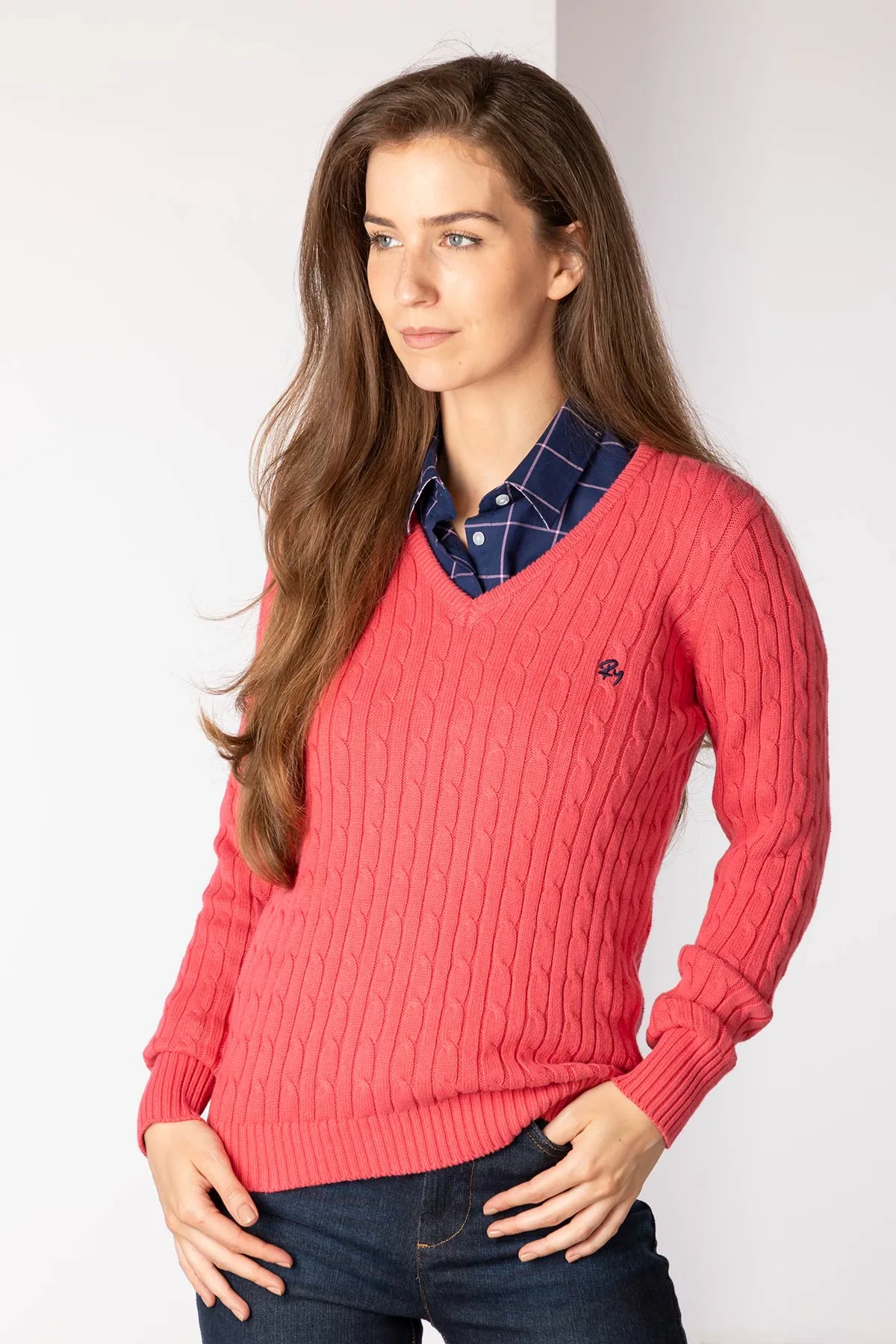 Ladies V Neck Cable Knit Jumper - Emma