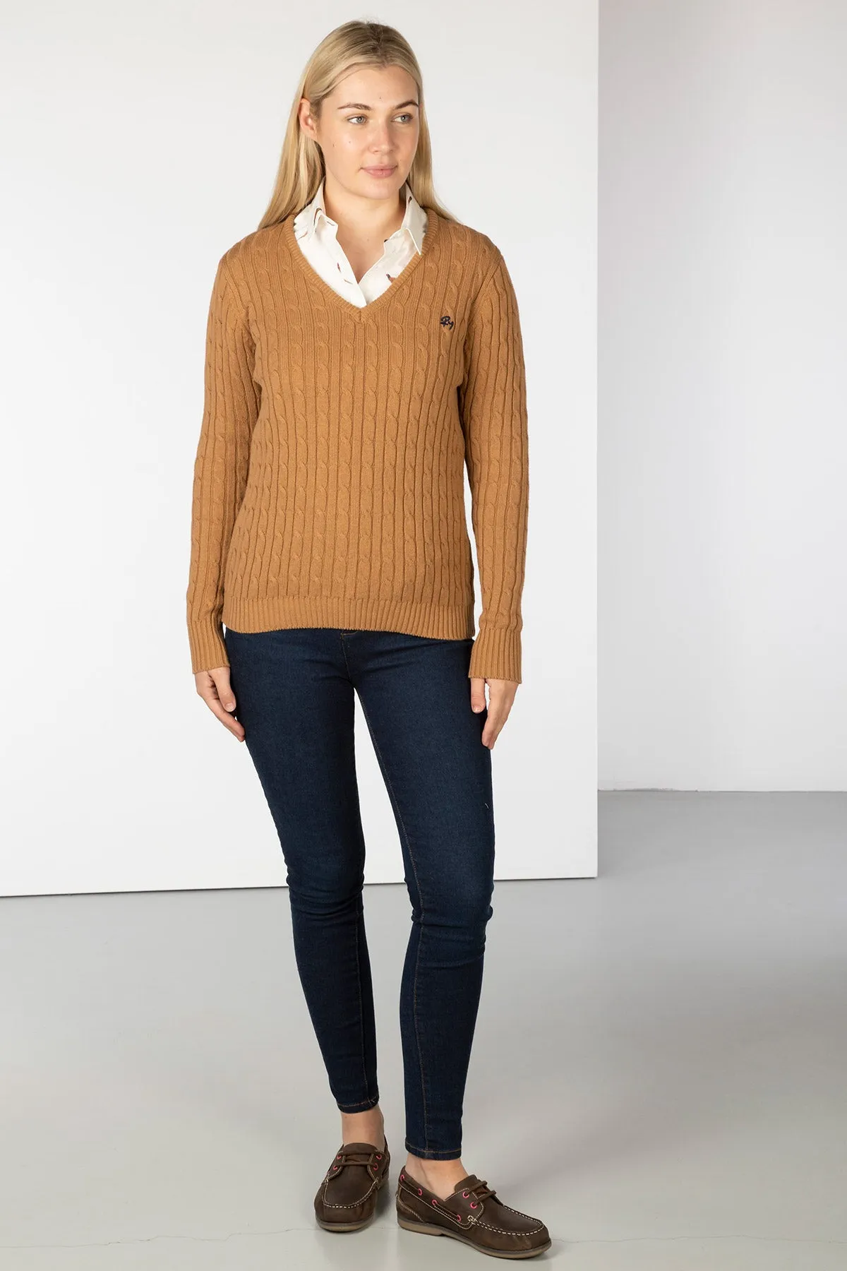 Ladies V Neck Cable Knit Jumper - Emma