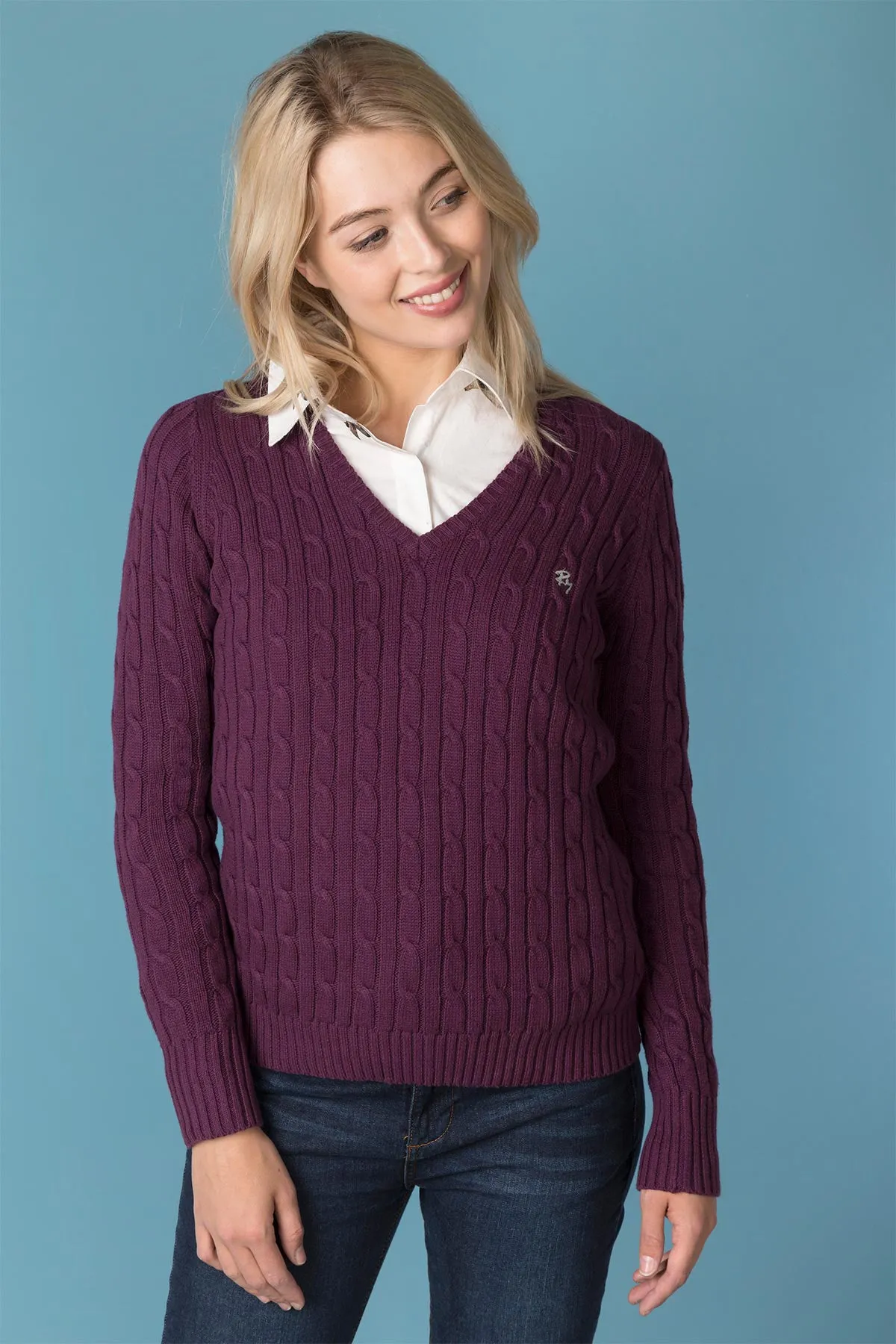 Ladies V Neck Cable Knit Jumper - Emma