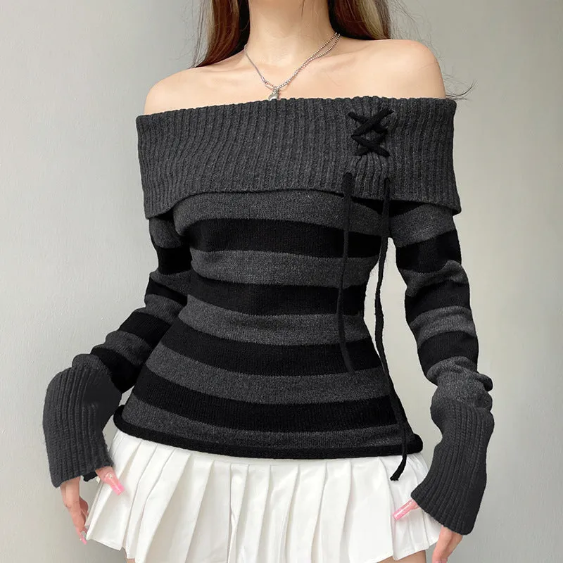 Lanfubeisi long sweater dress outfit Y2k Retro Fashion Color Matching Striped Flanging off-Shoulder Chic Lace-up Sweater Personalized Waist Slimming Sweater