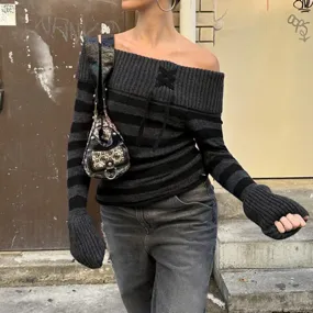 Lanfubeisi long sweater dress outfit Y2k Retro Fashion Color Matching Striped Flanging off-Shoulder Chic Lace-up Sweater Personalized Waist Slimming Sweater