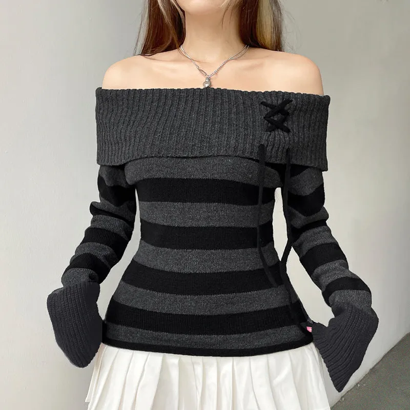 Lanfubeisi long sweater dress outfit Y2k Retro Fashion Color Matching Striped Flanging off-Shoulder Chic Lace-up Sweater Personalized Waist Slimming Sweater