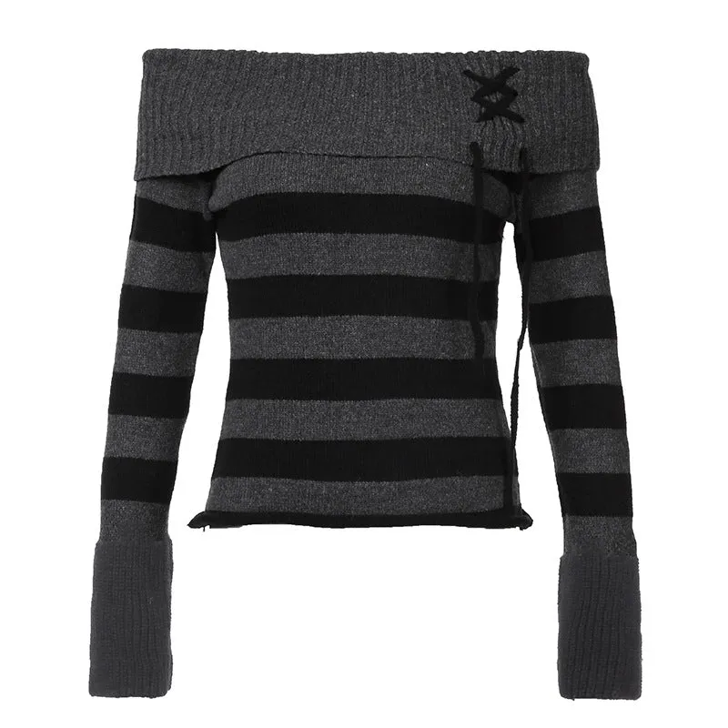 Lanfubeisi long sweater dress outfit Y2k Retro Fashion Color Matching Striped Flanging off-Shoulder Chic Lace-up Sweater Personalized Waist Slimming Sweater