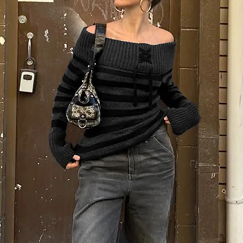 Lanfubeisi long sweater dress outfit Y2k Retro Fashion Color Matching Striped Flanging off-Shoulder Chic Lace-up Sweater Personalized Waist Slimming Sweater