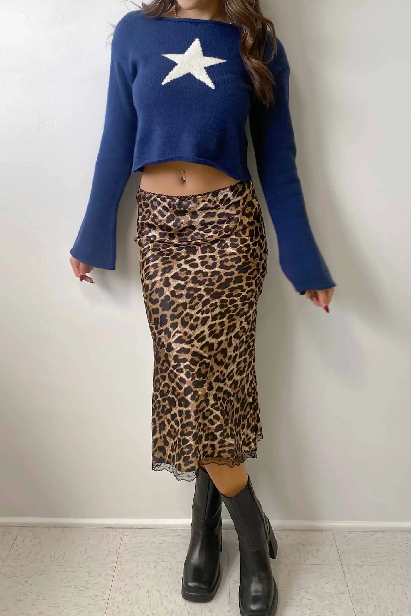 Leopard Print Satin Midi Skirt