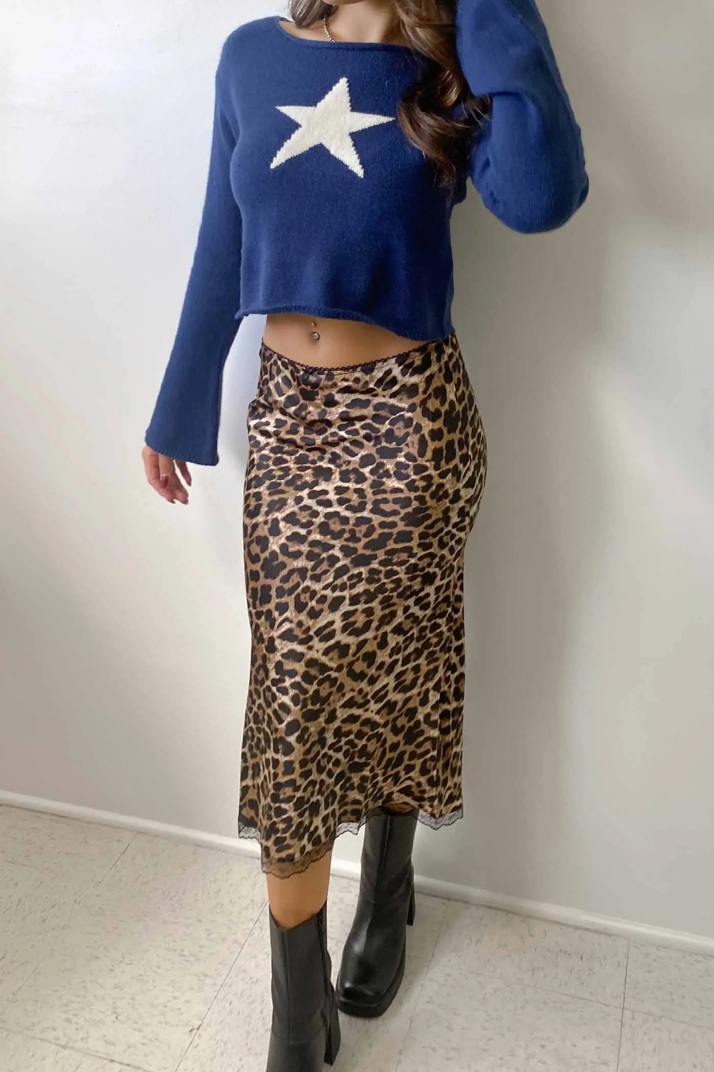 Leopard Print Satin Midi Skirt