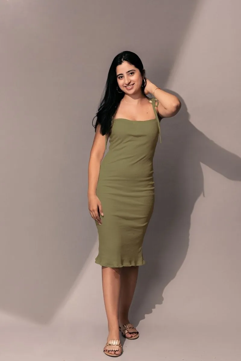 Lia dress - Cotton Knit Spaghetti Strap Dress (Olive green)