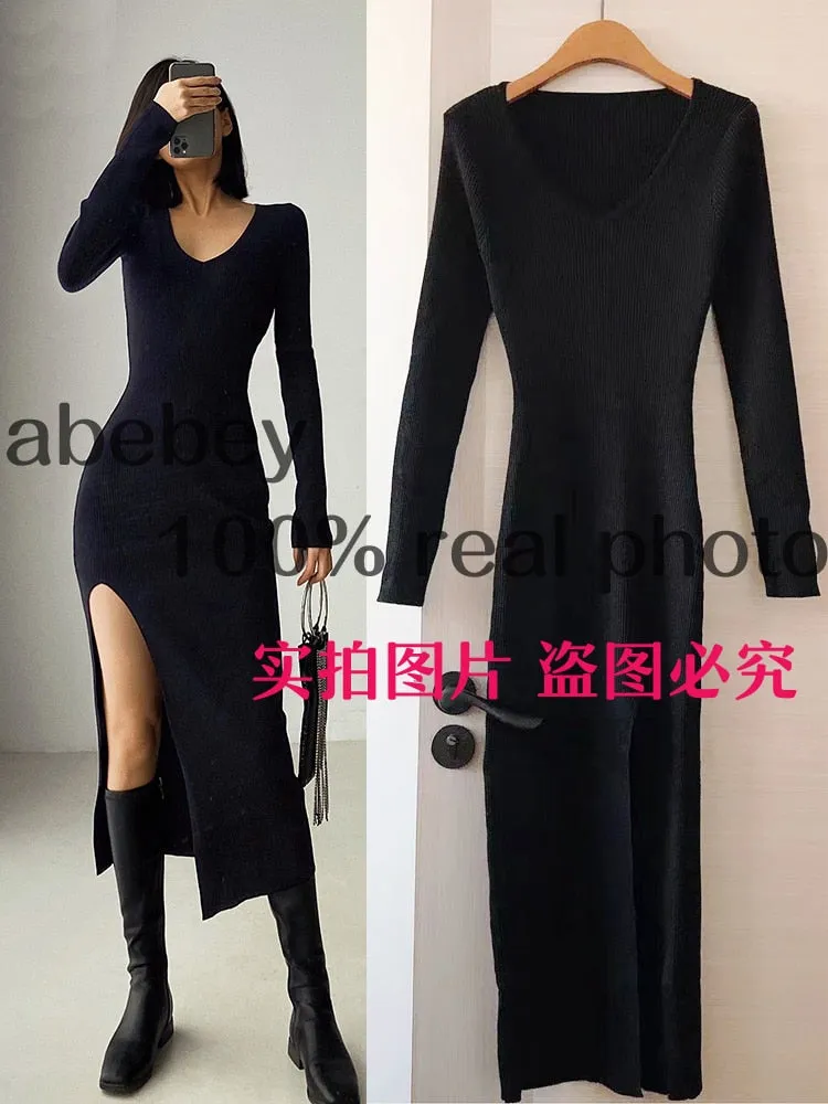 Long Sleeve slit sweater dress slim tight fitting hip knit over the knee dresses