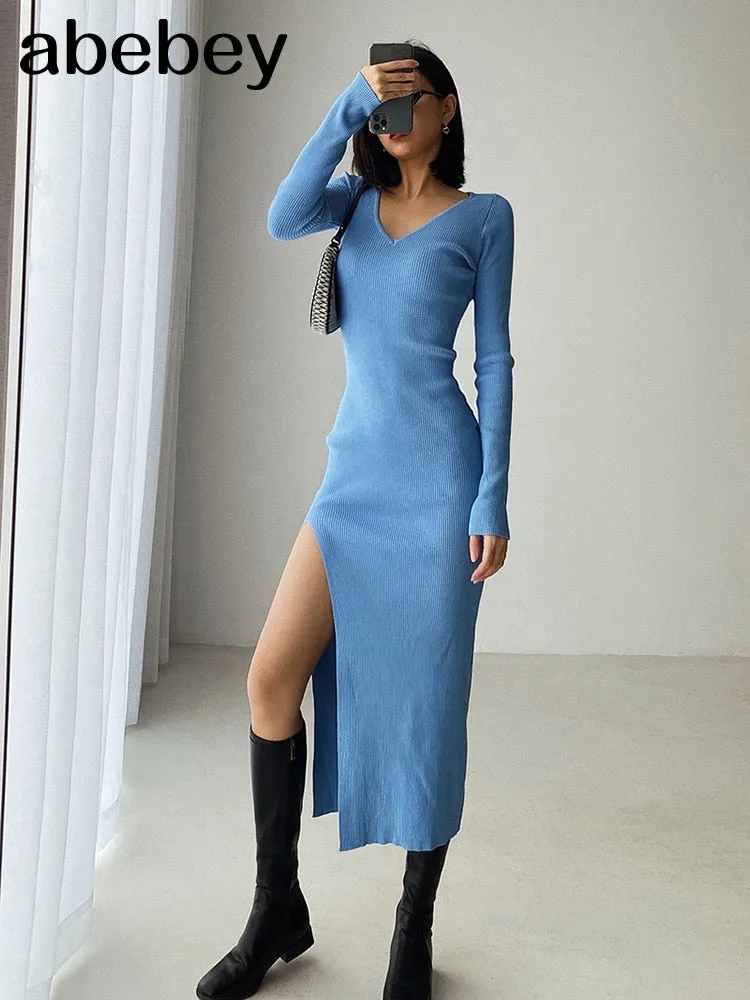 Long Sleeve slit sweater dress slim tight fitting hip knit over the knee dresses